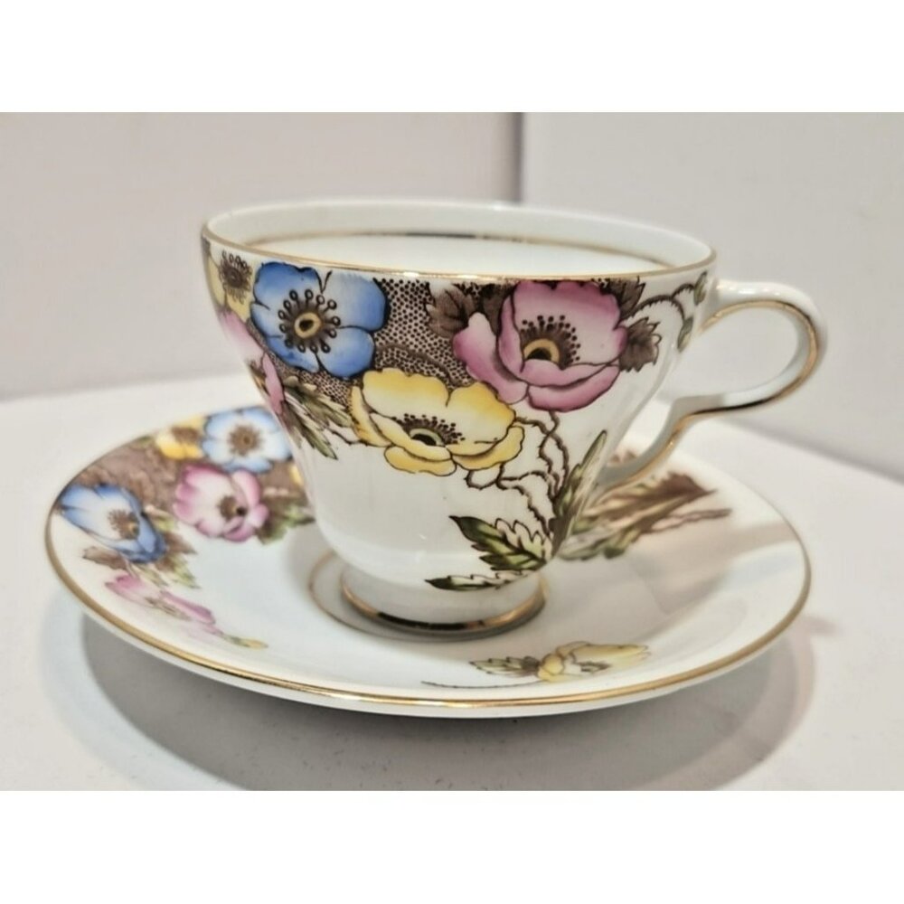 Vtg 1940s Taylor & Kent Longton England Bone China Floral Teacup & Saucer